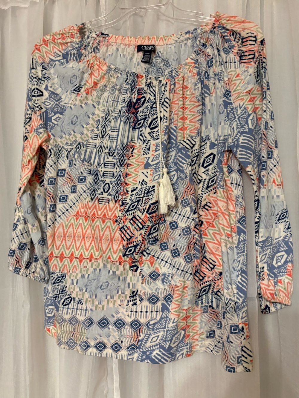 Chaps Aztec Abstract Boho Print 3/4 Sleeve Cotton Peasant Blouse